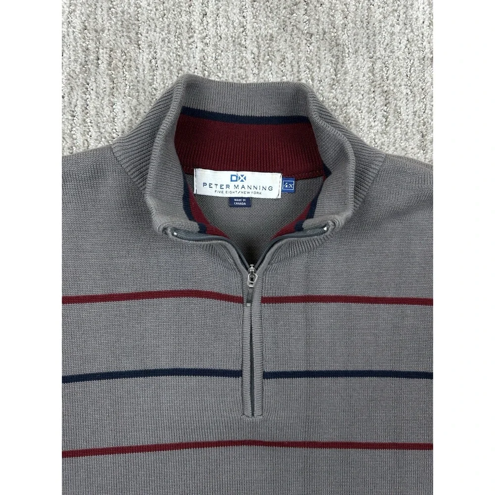 Peter Manning Sweater Mens 4X Gray Stripped 1/4 Zip Mock Neck Pullover Cotton